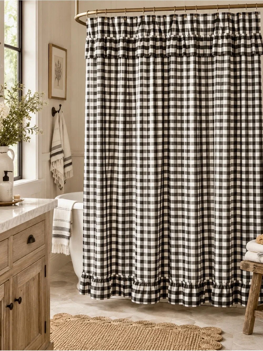 Annie Buffalo Check Ruffled Black and White Gingham Shower Curtain • 72”x72”
